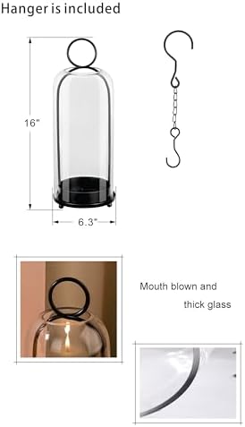 16" High Versatile Modern Metal Hurricane Lantern with Handmade Sturdy Glass Dome in Black for Pillar Candle & Plants, Industrial, Farmhouse, Shabby Chic (Black, 6.3:x16.5) - Image 2