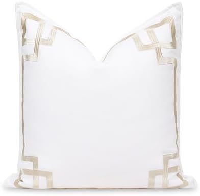 Hofdeco Premium Coastal Patio Indoor Outdoor Throw Pillow Cover Only, 20"x20" Water Repellent for Backyard, Couch, Neutral Tan Embroidered Frame Greek Key by HofdecoPremium