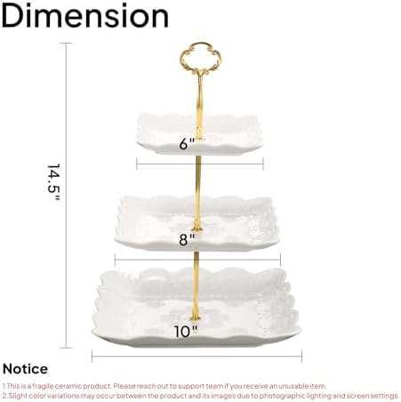Sumerflos 3 Tier Porcelain Cupcake Stand, Tiered Serving Cake Stand, Square White Embossed Dessert Stand, Weddings Parties Pastry Serving Tray - Image 2
