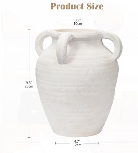 Handcrafted Flower Vase, 9.8" Tall Terracotta Vase, Vintage White Ceramic Vase, Rustic Antique Decor with 4 Handles, Wide Mouth, Matte Finish for Home Office Resto Café Décor - Image 2