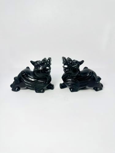 Pair of Pixiu Fengshui Statue, Black Obsidian Gemstone Pixiu Statue, Home Decoration Gift Idea Lunar New Year (3.9" L) by NATURALMARBLE