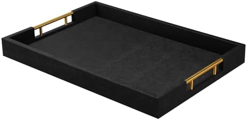 14x20 Inches Black Faux Leather Wrappen Wood Serving Tray with Metal Handles for Various Occasions, Ottoman, Home Decor Decorative, Living Room, Coffee Table Organizer, Serving Breakfast On Bed by Unknown