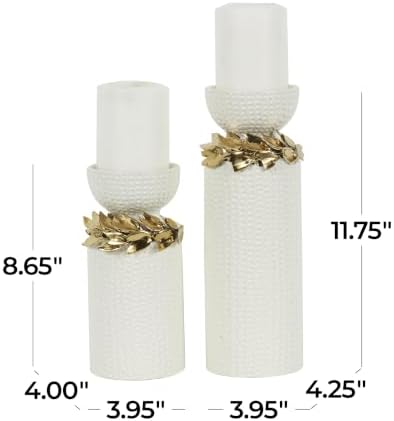 Deco 79 Ceramic Decorative Candle Holder Candle Stand with Abstract Spotted Pattern and Gold Leaf Accents, Set of 2 Candlestick Holder 12", 9" H, White - Image 6