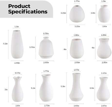 Tanvecle Ceramic Bud Vase Set of 10, White Small Flower Vases for Decor - Image 3