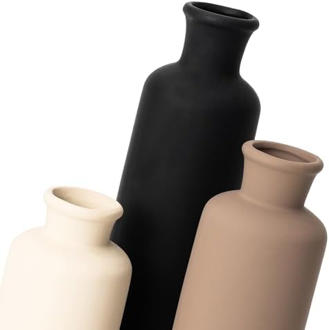 Ceramic Vase Set of 3, Modern Neutral Minimalist Home Decor, Boho Rustic Farmhouse Decorative Vases for Pampas Grass Dried Flowers | Table Centerpiece Entryway Mantel Shelf(Black Mix Set - White#2) - Image 5
