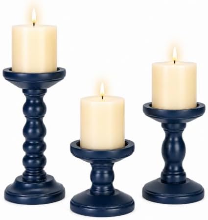 Candeldo Wood Candle Holder for Pillar, Navy Blue Coastal Decoration by CANDELDO