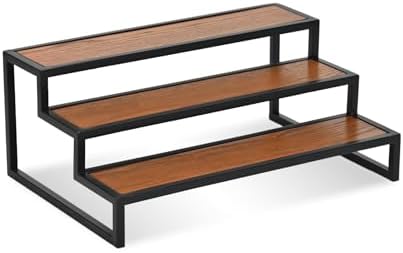 15" Black and Brown Metal and Solid Wood Handmade Three Tier Tray - Image 4