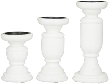 Deco 79 Mango Wood Turned Style Pillar Candle Holder, Set of 3 10", 8", 6"H, White - Image 3
