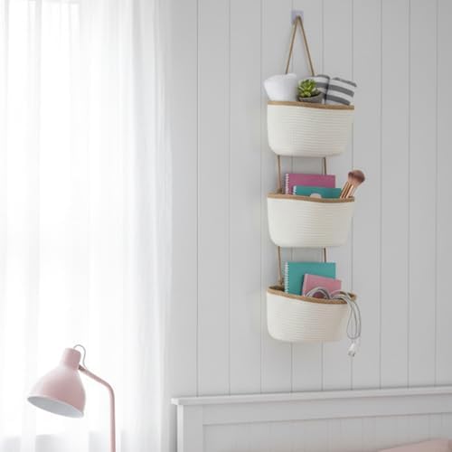 TeoKJ Over the Door Hanging Basket, 3-Tier Woven Cotton Wall-Mounted Storage Organizer Bag Decorative Hanging Nursery Baskets, White & Dark Brown - Image 5