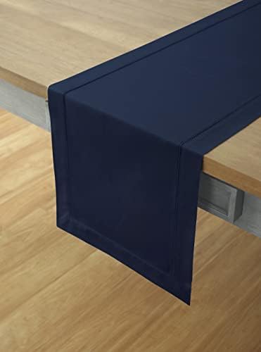 Solino Home Cotton Linen Table Runner Navy Hemstitch, 14 x 108 in - Image 2