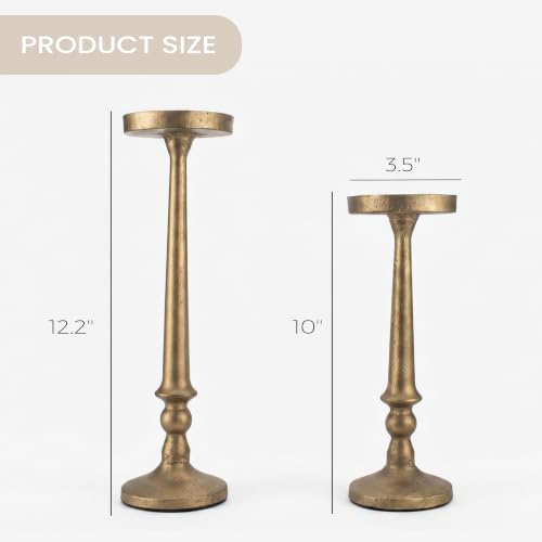 BANOMII Vintage Iron Pillar Candle Holders Set of 2, Antique Brass Gold - Image 2