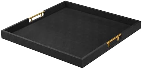 24x24 Inches Extra Large Black Faux Leather Wrapped Wood Ottoman Tray with Golden Handles for Serving Food and Breakfast On Bed, Square Coffee Table Organizer, Home Decor and Decorative by Unknown
