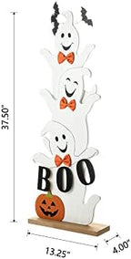Glitzhome 37.5'H Halloween Wooden Stacked Ghost Porch Sign, Farmhouse Ghost Standing Decor with Base, Rustic Welcome Sign for Home Party Decor - Image 2