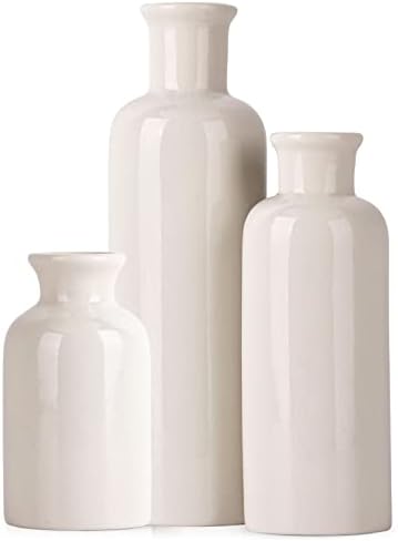 White Ceramic Vase Set - 3 White Small Vases, Farmhouse Country Flower Vase Home Decor, Living Room Decoration, Table Decoration, Fireplace Decor, and Entrance Decorations Centerpieces by QIANLING