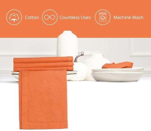 PurpleEssences Hemstitch Cloth Napkins 18x18 in Set of 12 - Orange - Image 4