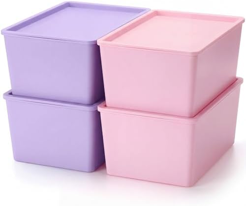 Menkxi 4 Pcs Storage Bins with Lids, Pink, Purple, Large by Menkxi