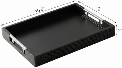 Decorative Serving Tray, Modern Rectangle Wood Tray with Polished Metal Handles, Glossy Finish, 16.5x12 Inch, for Coffee Table, Ottoman (Black) - Image 2