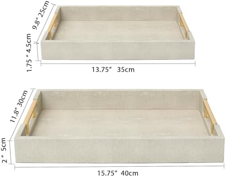 SwallowLiving Set of 2 Shagreen Serving Tray with Gold Polished Metal Handles Ivory Wood Decorative Tray PU Leather with Brushed Gold for Coffee Table Ottoman Console Table - Image 3
