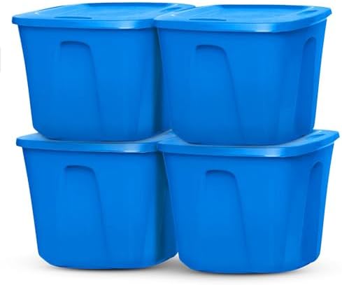 HOMZ 4-Pack Durable Molded Bin, Plastic Storage Containers w/Lids, 18 Gallon, Blue - Stackable Organizer Totes and Boxes for Bedroom, Kitchen, and Garage Organization by Homz