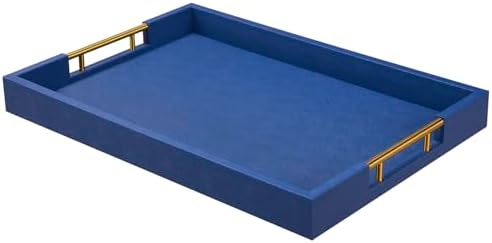14x20 Inches Blue Faux Leather Wrapped Wood Serving Tray with Metal Handles for Various Occasions, Ottoman, Home Decor Decorative, Living Room, Coffee Table Organizer, Serving Breakfast On Bed by Unknown