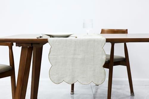 100% Natural Linen Rustic Scalloped Embroidery Table Runner 72 Inches Long, Linen Table Runner 14 x 72 Inch Ideal for Dresser and Dining Tables Decor, 4-6 Sets, Linen(Edges-Gold) by AORISSI