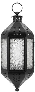 Vela Lanterns Hanging Moroccan Lantern with LED Twinkle Fairy Lights - Exotic Decorative Patio & Porch Decor, Indoor Outdoor Candle Lamp Holder with Chain (13" Large, Clear Glass) by VelaCandleLanterns