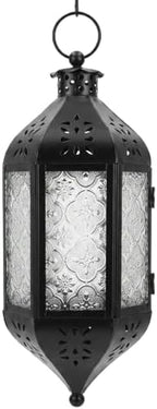 Vela Lanterns Hanging Moroccan Lantern with LED Twinkle Fairy Lights - Exotic Decorative Patio & Porch Decor, Indoor Outdoor Candle Lamp Holder with Chain (13" Large, Clear Glass) by VelaCandleLanterns