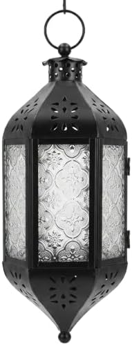 Vela Lanterns Hanging Moroccan Lantern with LED Twinkle Fairy Lights - Exotic Decorative Patio & Porch Decor, Indoor Outdoor Candle Lamp Holder with Chain (13" Large, Clear Glass) by VelaCandleLanterns
