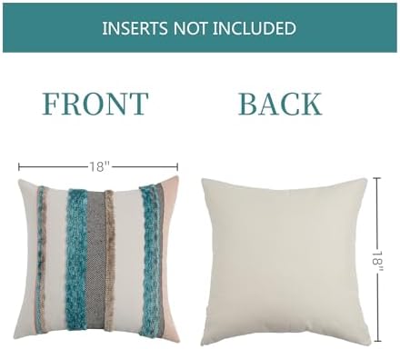 Boho Pillow Covers 18x18 Set of 2 for Couch-Modern Farmhouse Sofa Decorative Teal Throw Pillow Covers Textured Chenille Cushion Covers Outdoor Netural Bohemian Pillow Cases Square - Image 4