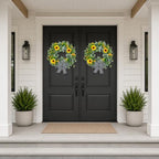 22" Sunflower Wreaths for Front Door, Rustic Summer Spring Front Door Wreath with Eucalyptus and Buffalo Plaid Bow for Indoor Outdoor Wall Window, Farmhouse Floral Wreath Decor for Porch - Image 3