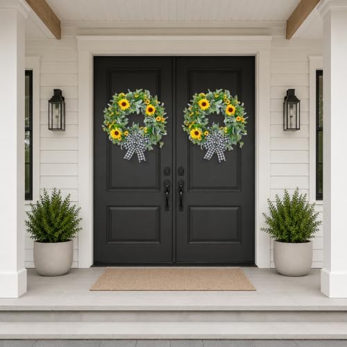 22" Sunflower Wreaths for Front Door, Rustic Summer Spring Front Door Wreath with Eucalyptus and Buffalo Plaid Bow for Indoor Outdoor Wall Window, Farmhouse Floral Wreath Decor for Porch - Image 3
