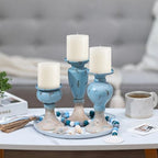 Sziqiqi Farmhouse Coastal Candle Holder: Blue Pillar Candle Holder Set of 3 - Image 2