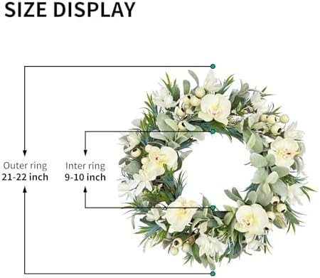 White Orchid Wreath for Front Door, 22 Inch Spring Summer Wreath with Soft Lamb's Ear and Cream Berries, Handcrafted Artificial Floral Wreath for Farmhouse, Indoor and Outdoor Year-Round Decor - Image 2