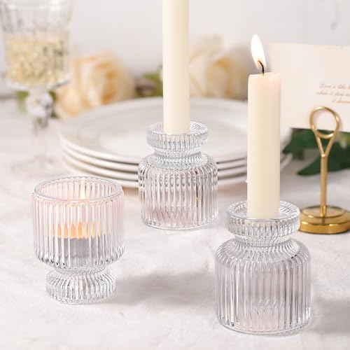 DARJEN 12 Pcs Glass Candlestick Holders- Clear Taper Candle Holders Tealight Votive Candle Holders for Table Centerpieces, Wedding, Dinner Party, Home Decor - Image 5