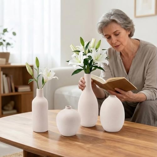 Ceramic Vase Set of 4 – Modern Farmhouse Decorative Vases for Home Decor, Minimalist Matte Pottery Vases for Flowers, Pampas Grass, Table Centerpiece, Mantel, Shelf & Entryway (Beige) - Image 5
