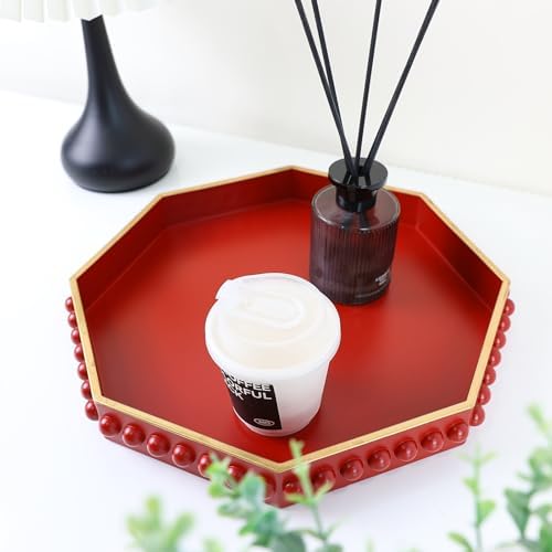 Red Serving Tray for Coffee Table, Octagonal Beaded Plastic Decorative Tray for Ottoman, Kitchen Counter, Living Room, Outdoor Lacquer Tray for Entertaining - Image 4