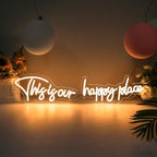 30×8 Inch This is Our Happy Place Neon Signs with Timing Remote, Warm White Led Light UP Sign for Wall Decor for Bedroom, Bar, Cafe, Office, Cave by Raipile
