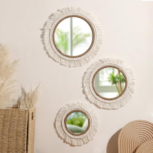 3pcs new Home Boho Decorative Mirrors Macrame Round Mirror Aesthetic Room Decor Hanging Wall Mirror for Bedroom Living Room House Decoration by Unknown