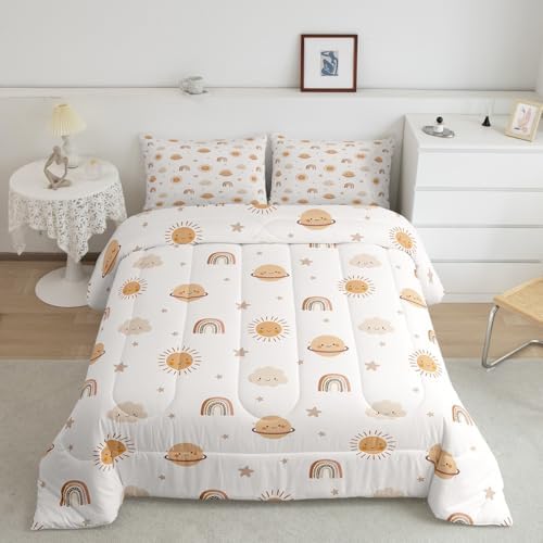 Erosebridal Girls Rainbow Comforter Set Kids Sun and Stars Quilt Full Children Kawaii Planets Clouds Comforters & Sets Girly Cartoon Theme Bedding Set Iridescent Print Down Comforter + 2 Pillowcases by Erosebridal