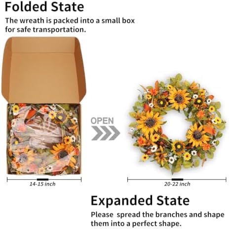 Sunflower Wreath, 24 In Fall Harvest Wreath with Large Yellow Sunflowers, White Daisy, Orange Mums, Eucalyptus Leaves, Autumn Foliage & Grain Stems for Front Door, Farmhouse Porch Autumn Decor - Image 4