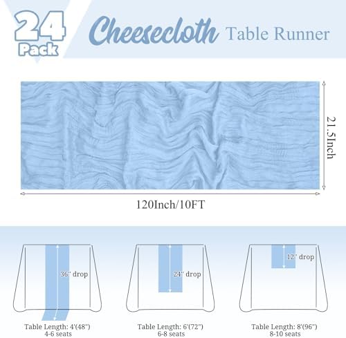 24 Pack Light Blue Table Runner 10Ft Cheesecloth Table Runner Rustic Gauze Table Runners Romantic Long Sheer Fabric Cheese Cloth Table Runners for Wedding Party Bridal Baby Shower - Image 2