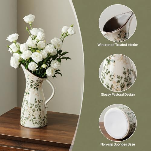 Ceramic Flower Vase for Home Decor, Vintage Green Pitcher Vase 10.5 Inch - Image 5