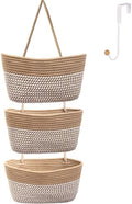 Over the Door Hanging Basket for Organizing 3 Tiers Woven Cotton Rope Wall Mount Storage basket Decorative Kitchen Hanging Organizer Bathroom include 1 door hook Flaxen Stripe by ililmmoe