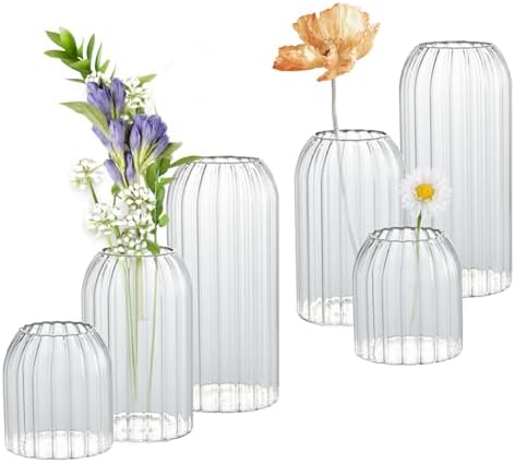 Bud Vases in Bulk Set of 6, Glass Small Vases for Flowers, Modern Cylinder Ribbed Vases for Wedding Centerpiece, Living Room Decorative, Home Decor by GNILLKO