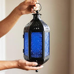Vela Lanterns Hanging Moroccan Lantern with LED Twinkle Fairy Lights - Exotic Decorative Patio & Porch Decor, Indoor Outdoor Candle Lamp Holder with Chain (13" Large, Cobalt Blue Glass) - Image 5