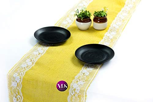 VDS Pack of 25, Burlap Table Runner with White Lace Edge, 100% Natural Jute Rustic Hessian Table Cloth Centerpiece for Wedding Birthday Party Banquet Table Decoration (Size 12X108 Inch)(Yellow) by VDS