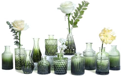 UPBUD Green Glass Bud Vases Set of 12, Mini Flower Vase for Centerpieces by UPBUD