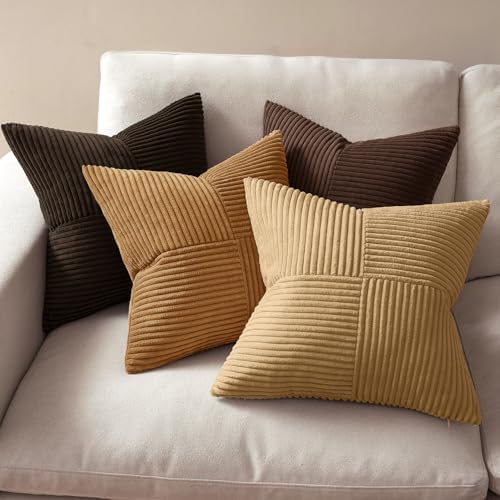 MIULEE Boho Decorative Throw Pillow Covers 20x20 Set of 4 Farmhouse Neutral Cushion Cases Gradient Corduroy Pillow Cases Modern Soft Corduroy Patchwork Home Decor for Couch Sofa Bedroom Camel Brown - Image 3