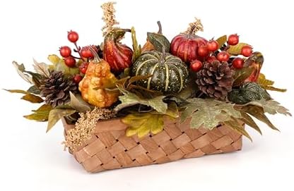 Fall Decor - Faux Pumpkins, Pine Cones, Berries and Maple Leaves in Rectangular Woven Basket for Table Centerpiece, Shelf, Mantel - Autumn Thanksgiving Arrangement for Home Indoor Outdoor - 14" Long by LushNook