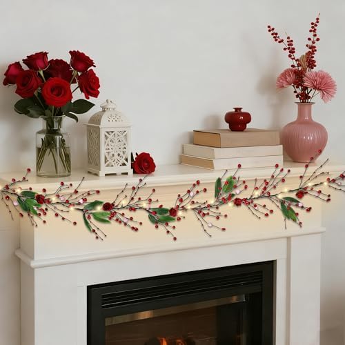 DR.DUDU Valentines Day 6 Ft Garland with Lights, Twig Garland with Pink Heart Roses and Berry Valentines Decor for Home Mantel - Image 4